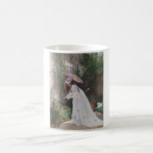 Mug Une dame dans un jardin qui soigne ses fleurs avec