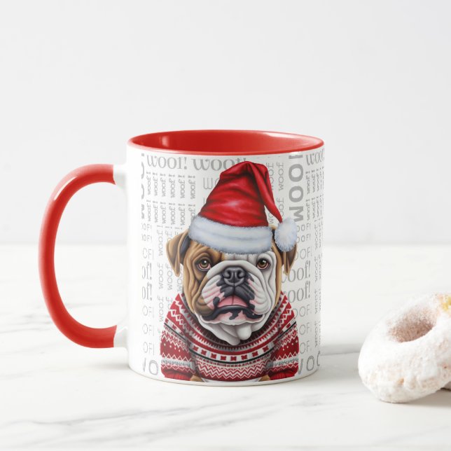 Mug Une Père Noël Bulldog en chandail sur Arrière - pl (Avec donut)