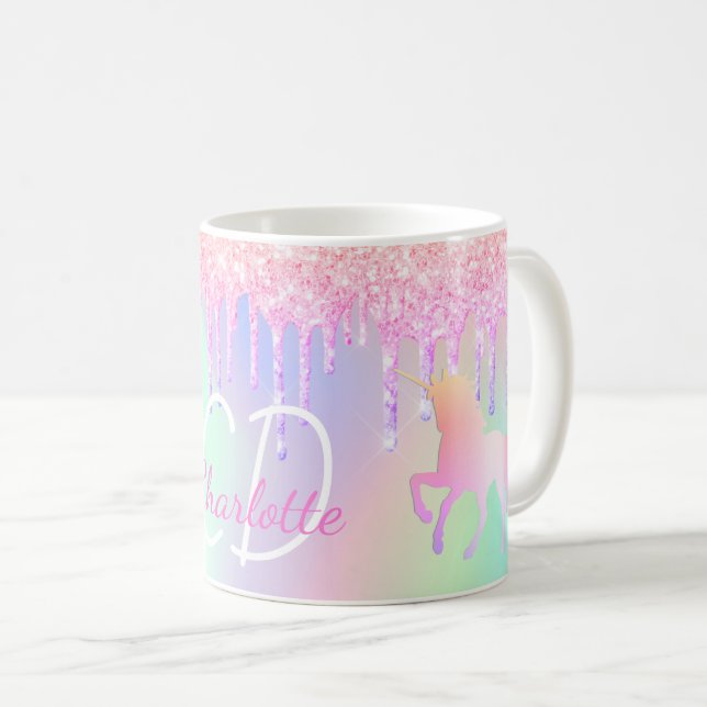 Mug Unicorn parties scintillant rose hologramme nom (Devant droit)