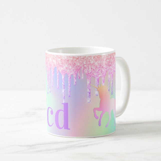 Mug Unicorn rose parties scintillant monogramme hologr (Devant droit)