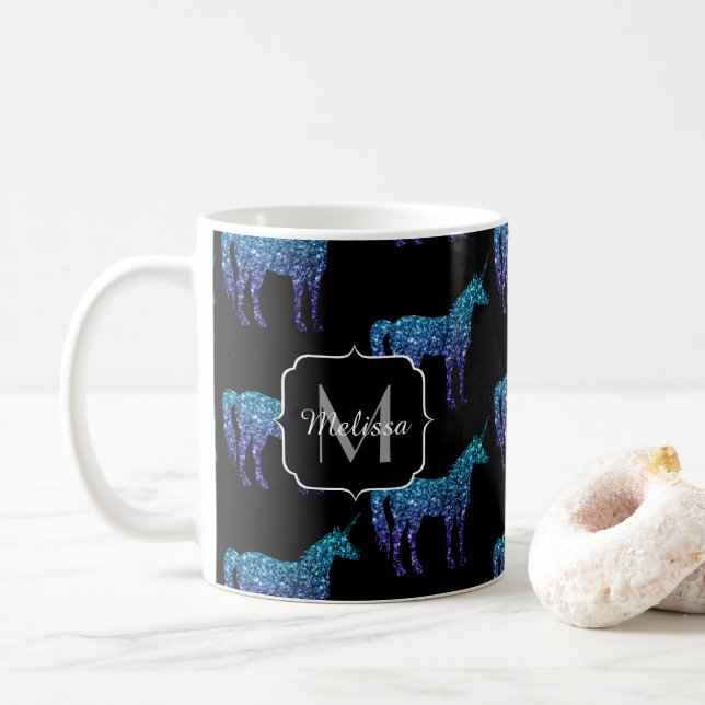 Mug Unicorn Sparkles aqua blue ombre motif Monogramme (Avec donut)