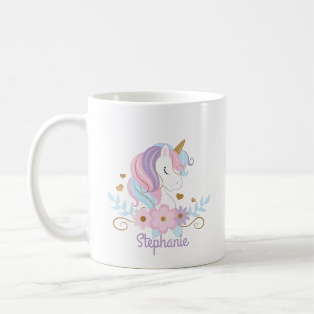 Mug Unicorne florale Nom personnalisé mignon (Gauche)