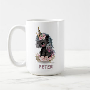 Mug Unicorne noire mignonne avec Fleurs Aquarelle Unic