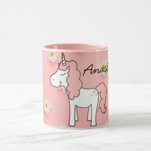 Mug Unicorne rose doux, Fleurs et votre nom
