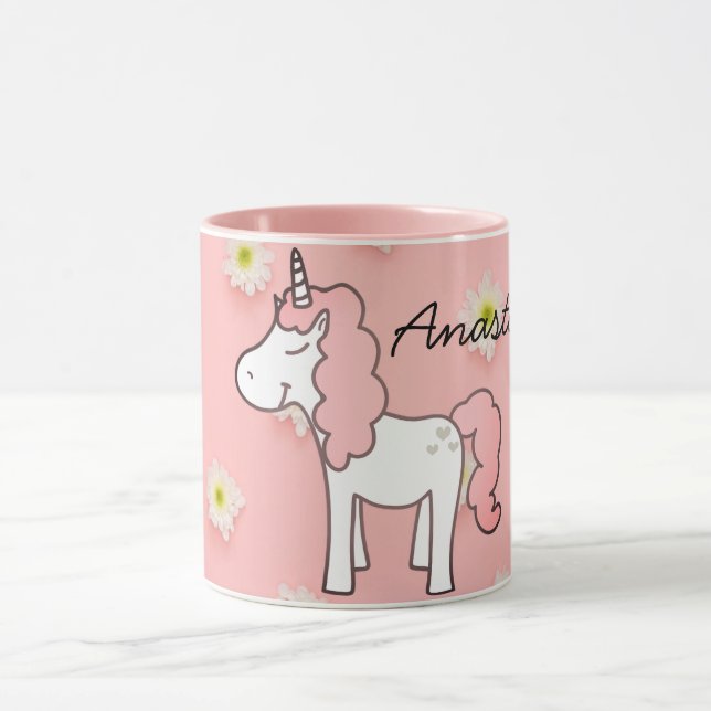 Mug Unicorne rose doux, Fleurs et votre nom (Centre)