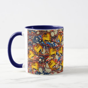 MUG UNICORNES D'OR, EFFETS MARBÉS BLEU ROUGE, CERCLES