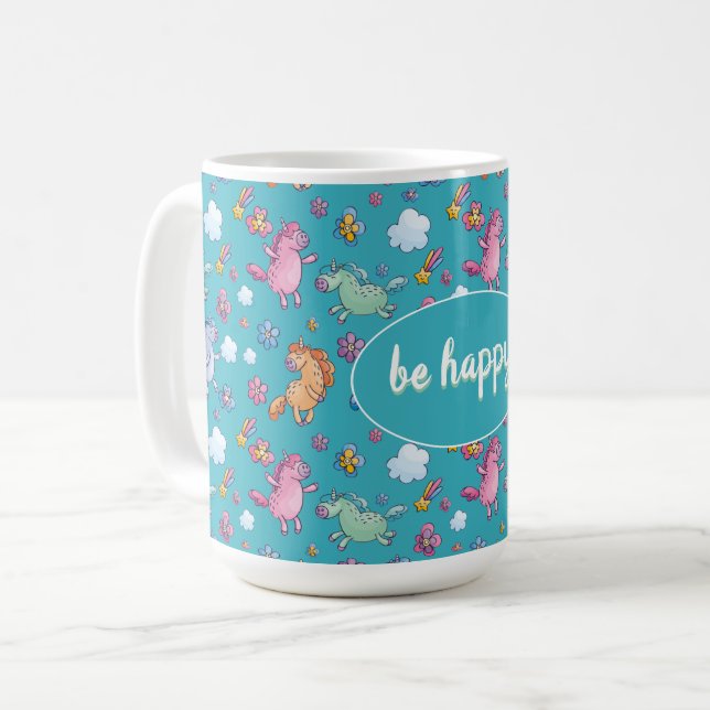 Mug Unicornes lunaires et jolies fleurs lumineuses (Devant gauche)