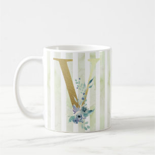 Mug V doré initial rayures bleu et blanc
