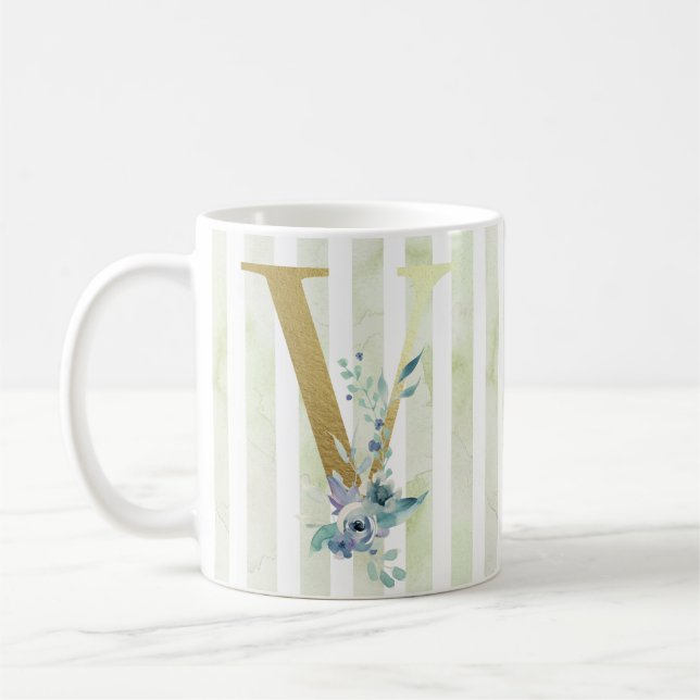 Mug V doré initial rayures bleu et blanc (Gauche)