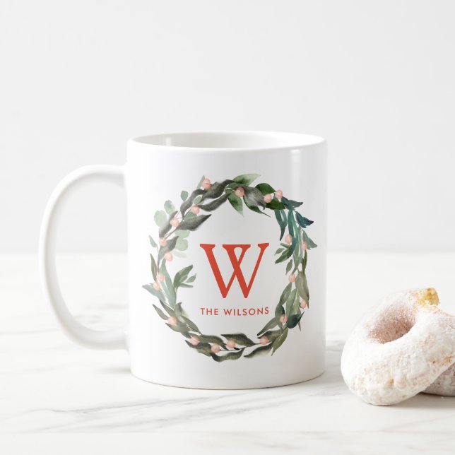 Mug Vacances de Noël Monogram Green Wreath (Avec donut)