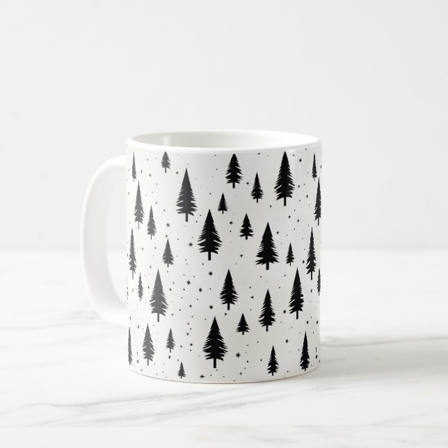 Mug Vacances d'hiver arbres de Noël noir et blanc (Devant gauche)