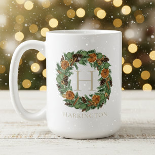 Mug Vacances Monogramme Élégant Séché Orange Pine Wrea