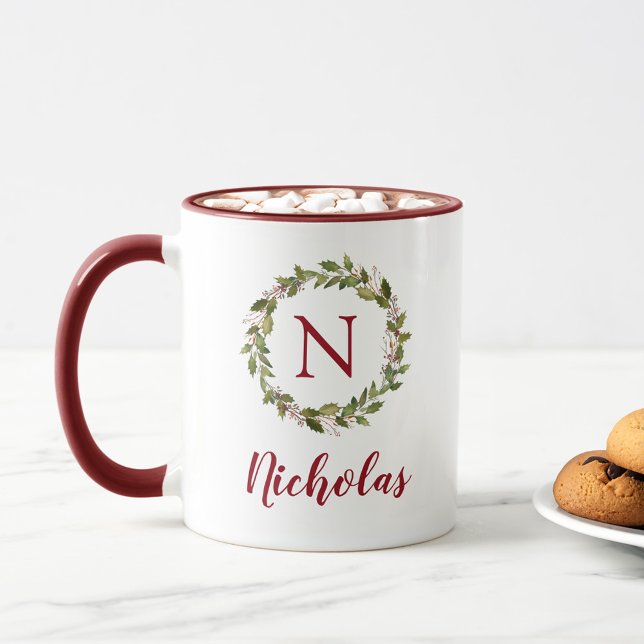 Mug Vacances Verdure Wreath Famille Monogramme (Créateur téléchargé)
