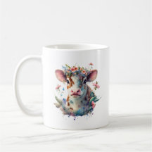 Vache d'aquarelle rose florale avec couronne de fl