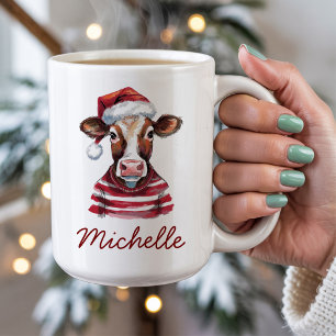 Mug Vache de Noël Joyeuse personnalisée à Santa Hat