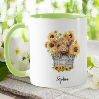 Mug Vache Highland mignonne en fleurs de tournesol de