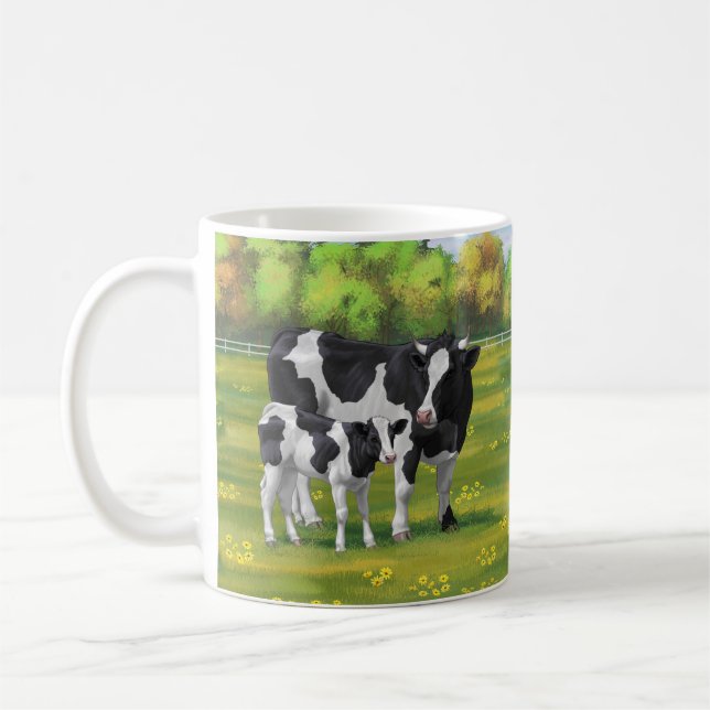 Mug Vache Holstein et veau mignon en pâturage d'été (Gauche)