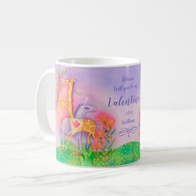 Mug Valentines d'amour de safari de girafe de licorne (Devant gauche)