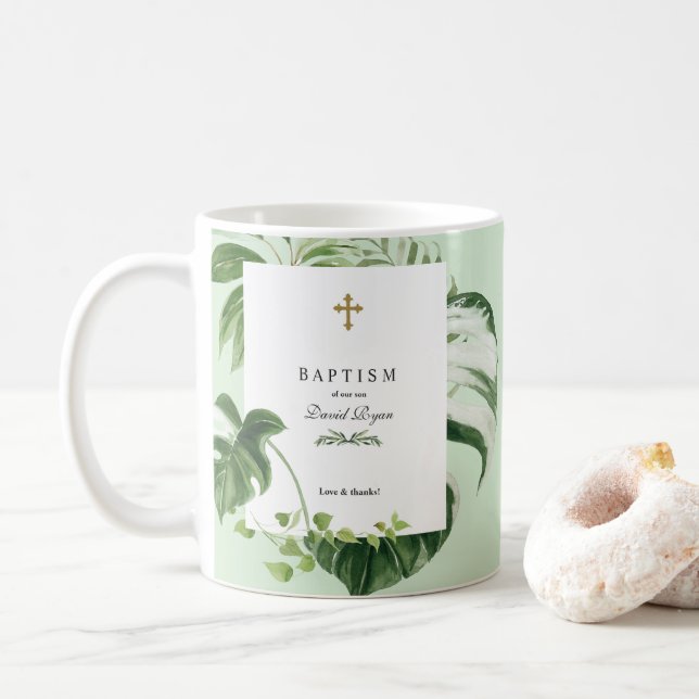 Mug Végétation tropicale luxuriante Croix d'or Baptême (Avec donut)