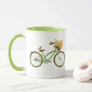 Mug Vélo avec panier de fleurs et oiseau Vert Jaune