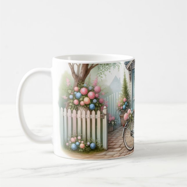 Mug Vélo de chalet bleu avec panier à fleurs de printe (Gauche)