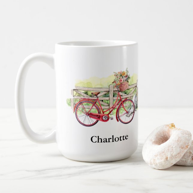 Mug Vélo rouge avec Fleurs Aquarelle Personnalisée (Avec donut)