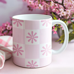 Mug Vérificateur rose rétro À damiers motif floral