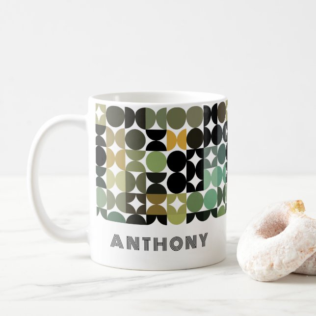 Mug Vert Jaune Brown Noir Midsiècle Art Motif (Avec donut)