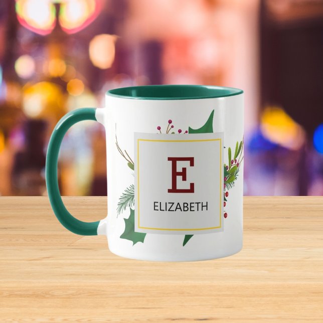 Mug Vert Noël Elégant Rouge Monogramme Vert (Créateur téléchargé)