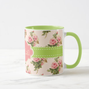 Mug Vert rose nommé fait sur commande floral vintage