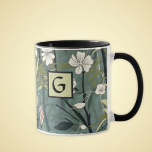 Mug Vert sauge Fleurs noires Monogramme de style japon