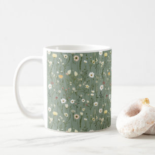 Mug Vert sauge jaune blanc boho fleurs sauvages floral