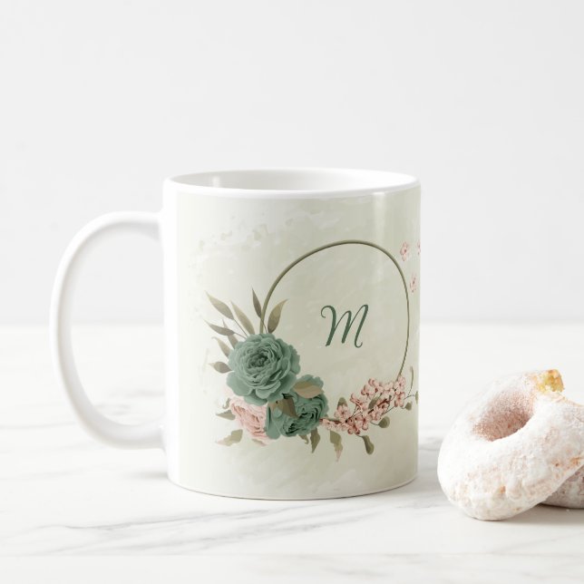 Mug vert sauge rose fleurs  (Avec donut)