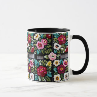 Mug Vibrant Floral Embroidery Quartet on Black