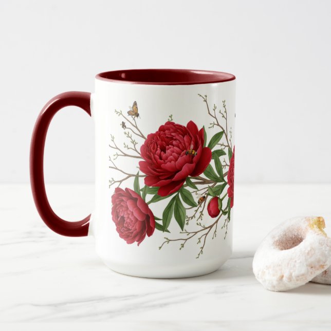 Mug Vibrant Red Peony Collection Customizable Party (Avec donut)
