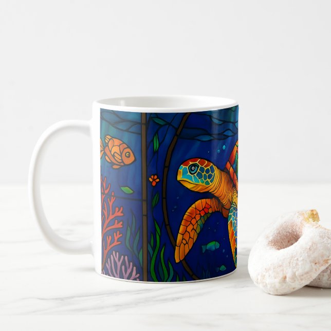 Mug Vibrant Stained Glass Sea Turtle Ocean Design (Avec donut)
