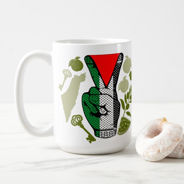 Mug Victory Sign Hand Resistance Red Triangle Symbol (Avec donut)