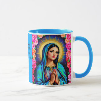 Mug Vierge Marie Prière Rose Floral Blue Café
