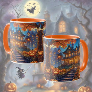 Mug villa éffrayante dans la forêt, citrouilles, Hallo