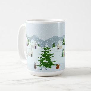 Mug Village d'hiver avec neige, lapin, écureuil et pin