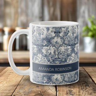 Mug Vintage bleu floral damas toile de jouy monogramme