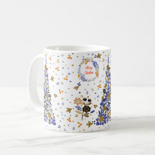 Mug Vintage bleu Noël Oiseau Fleurs Arbre