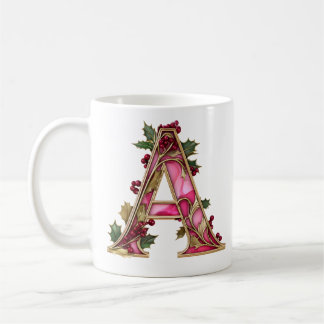 Mug Vintage Christmas Pink Gold Holly Monogram A
