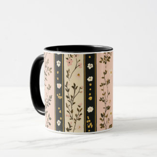 Mug Vintage Cottagecore Pink Gold Black Stripe Floral
