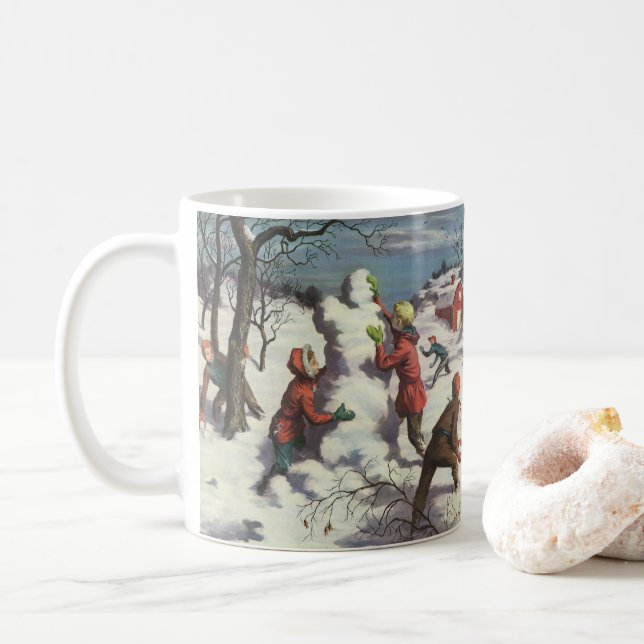 Mug Vintage Noël, Enfants Snowball combat (Avec donut)