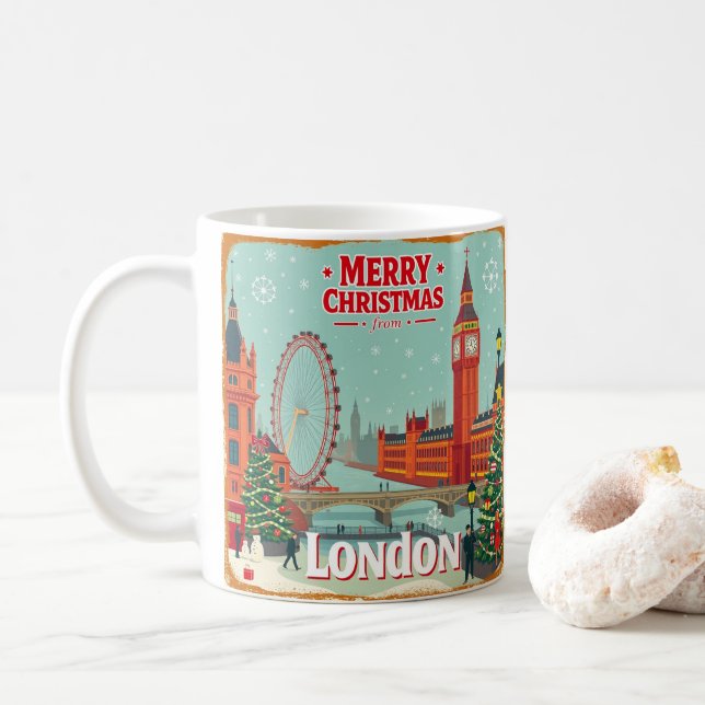 Mug Vintage Retro Joyeux Noël de Londres (Avec donut)