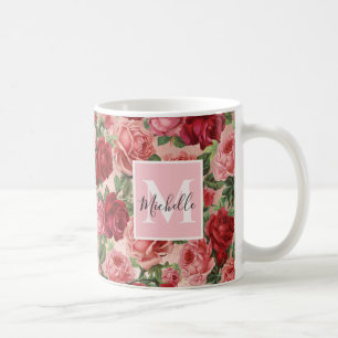 Mug Vintage rose rouge Roses Floral Monogrammé