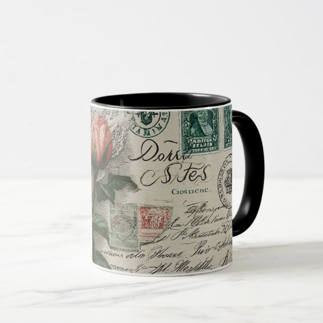 Mug vintage roses and postcard (Devant droit)