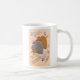 Mug Vintage Silver & Gold Hearts Valentine Postcard