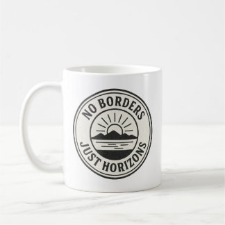 Mug Vintage Stamp – “No Borders, Just Horizons”.